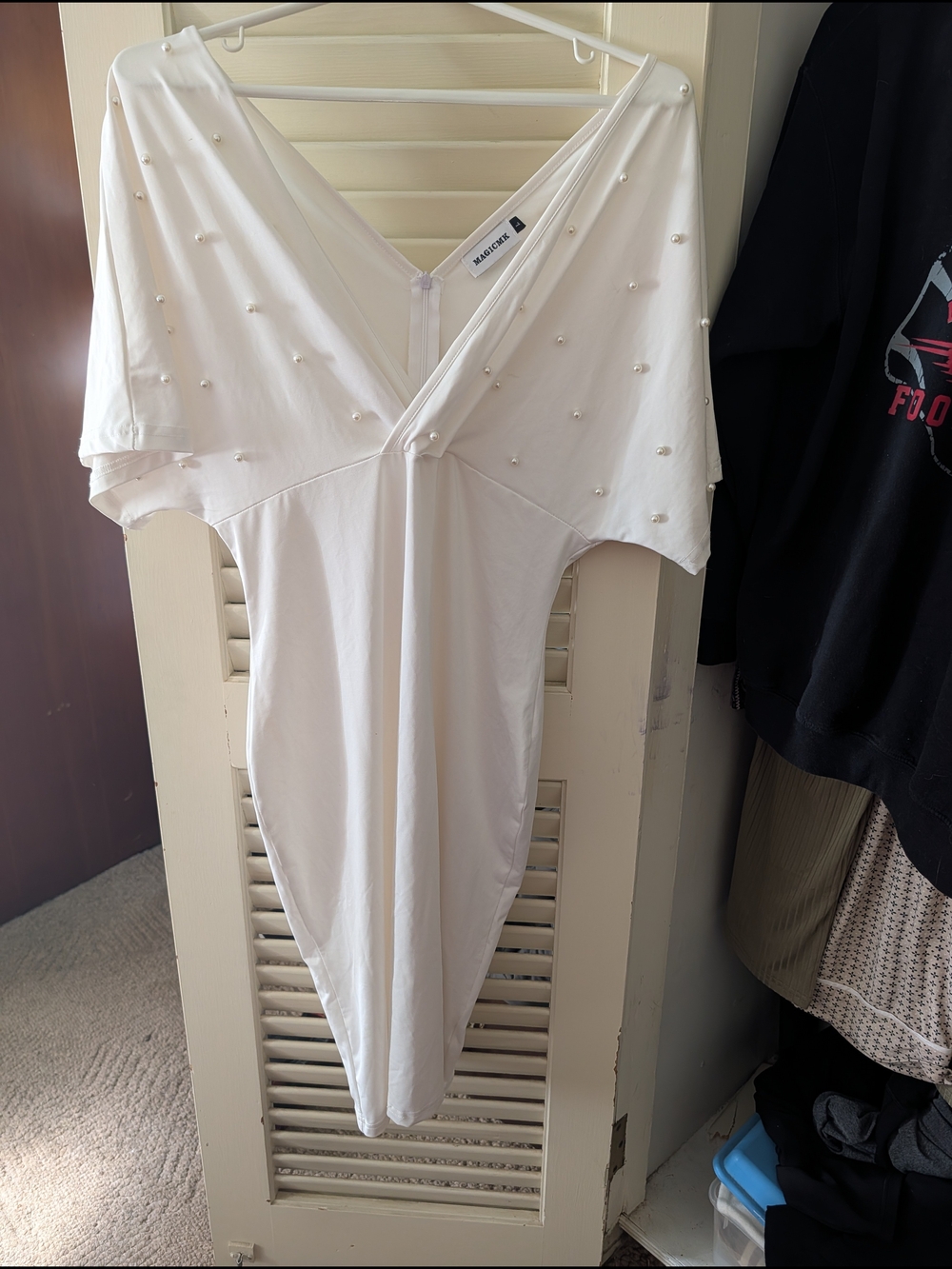 Magic White Midi Dress with Pearl Accent